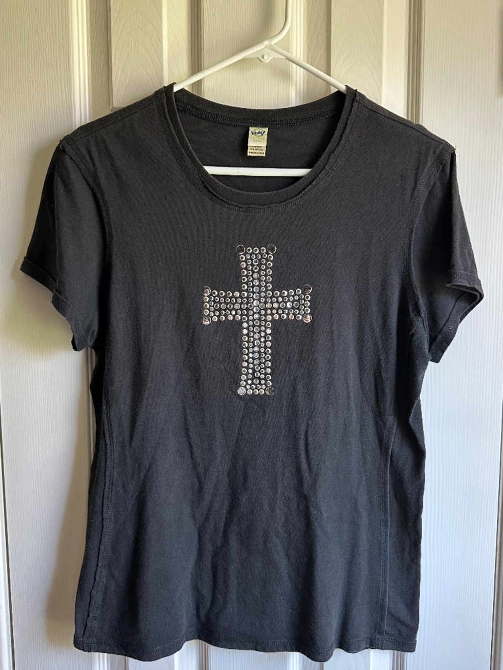 Women's X Large Black Short Sleeve T-shirt with Rhinestone Cross